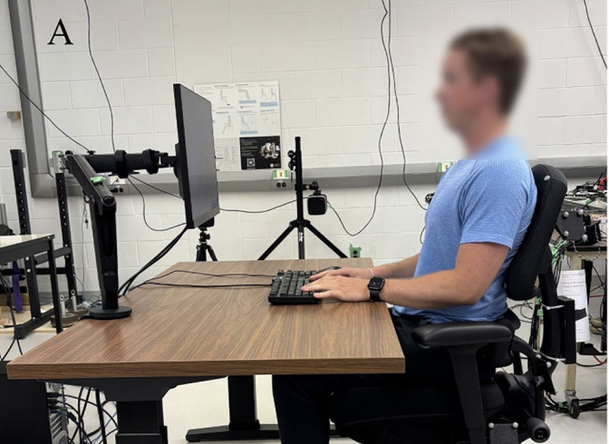 Chair A: a participant seated in the Anthros chair at the University of Waterloo Spine Biomechanics Lab, wired for spinal motion and pressure measurement.