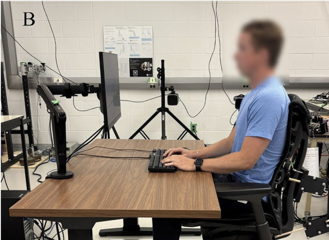 Chair B: a participant seated in the Herman Miller x Logitech Embody Gaming Chair at the University of Waterloo Spine Biomechanics Lab, wired for spinal motion and pressure measurement.