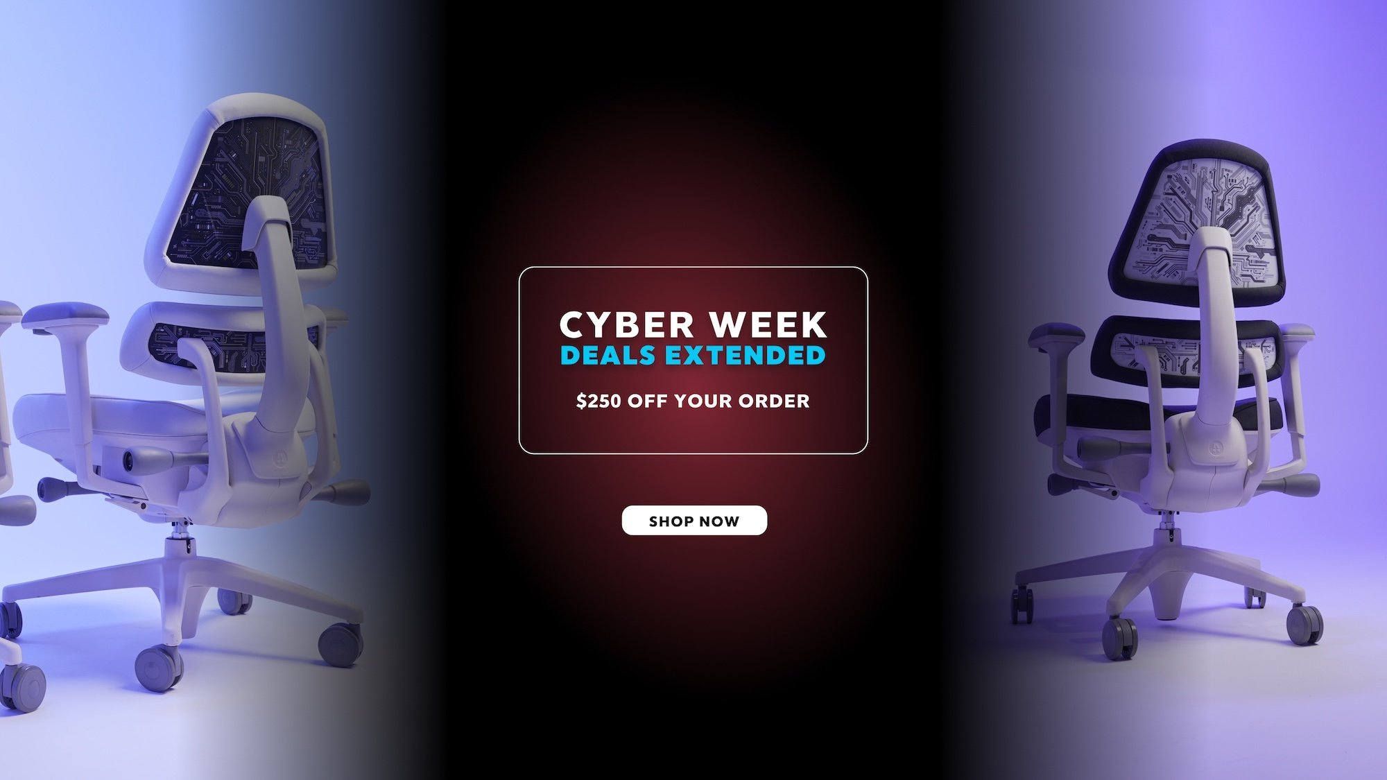 Anthros Cyber Week - Deals Extended. Get $250 off your order. Image shows two white Anthros ergonomic chairs with purple and blue lighting.