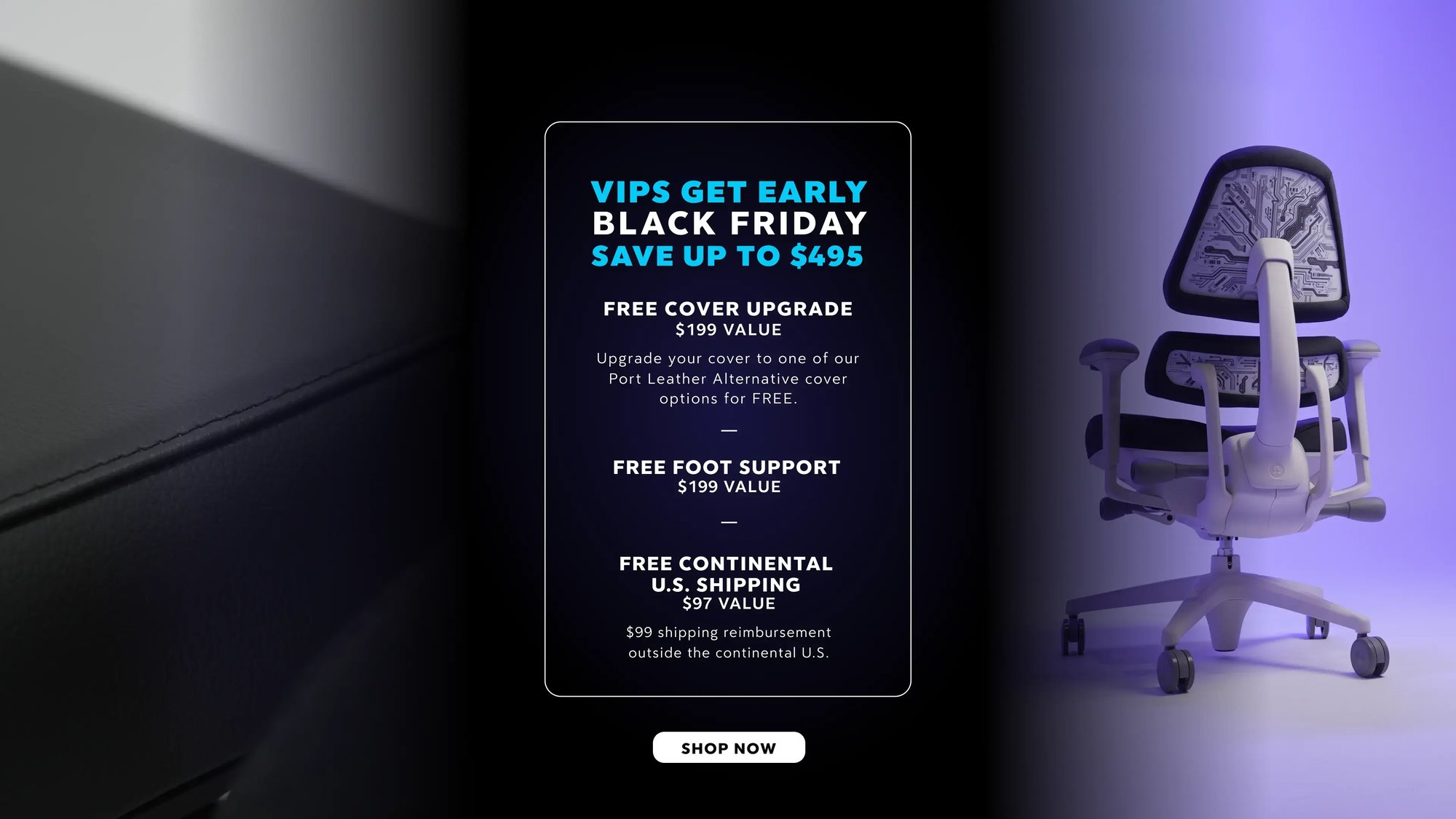 Anthros VIP Early Black Friday Sale - Save up to $495. VIP members get free Port Leather Alternative cover upgrade worth $199, free foot support worth $199, and free continental U.S. shipping worth $99. Image shows white Anthros ergonomic chair with purple lighting. Shop Now button included.
